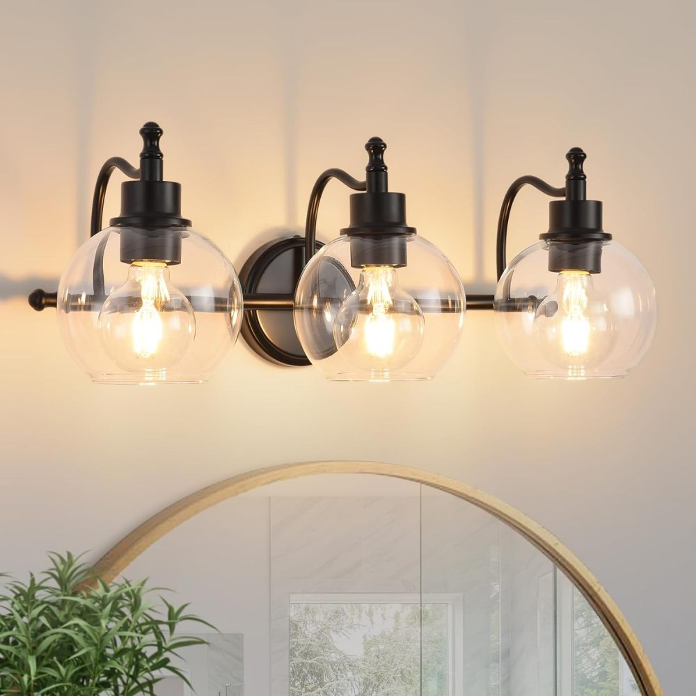 3-Lights Bathroom Vanity Lighting Fixtures Brushed Gold Modern Vanity Light 22Inch Bathroom Light Fixture Bathroom Lights Over Mirror with Clear Glass Shade for Living Room, Kitchen(E26 Base)