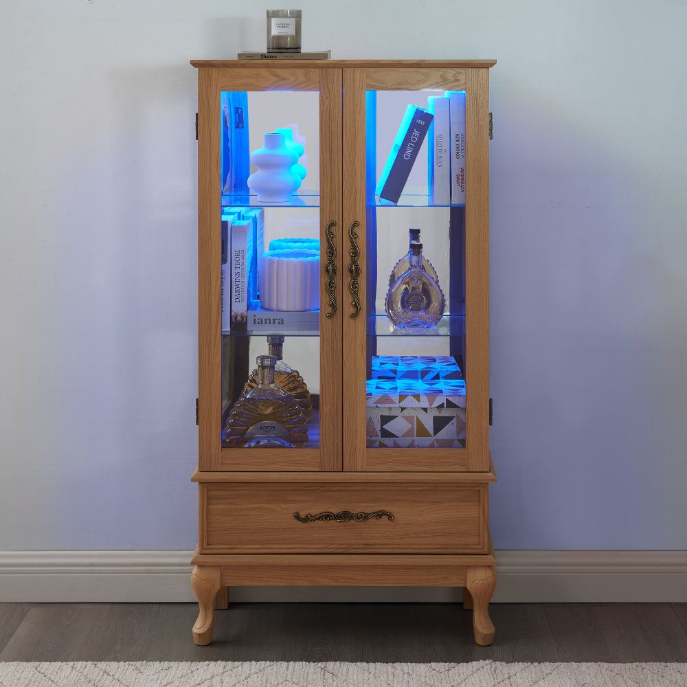 Lighted Curio Cabinet - Elegant Glass Display Cabinet with Adjustable Shelves, 2 Doors, and 1 Drawer - Wine Storage Sideboard with Included Bulb - Light Oak Finish
