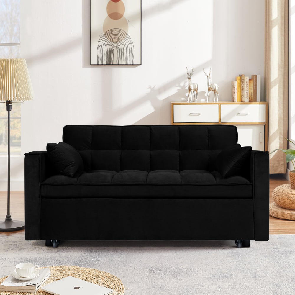 Modern Velvet Fabric 53" 3 in 1 Convertible Sleeper Sofa Bed, Futon Couches for Living Room with Side Pocket,  Adjustable Backrest(Black)