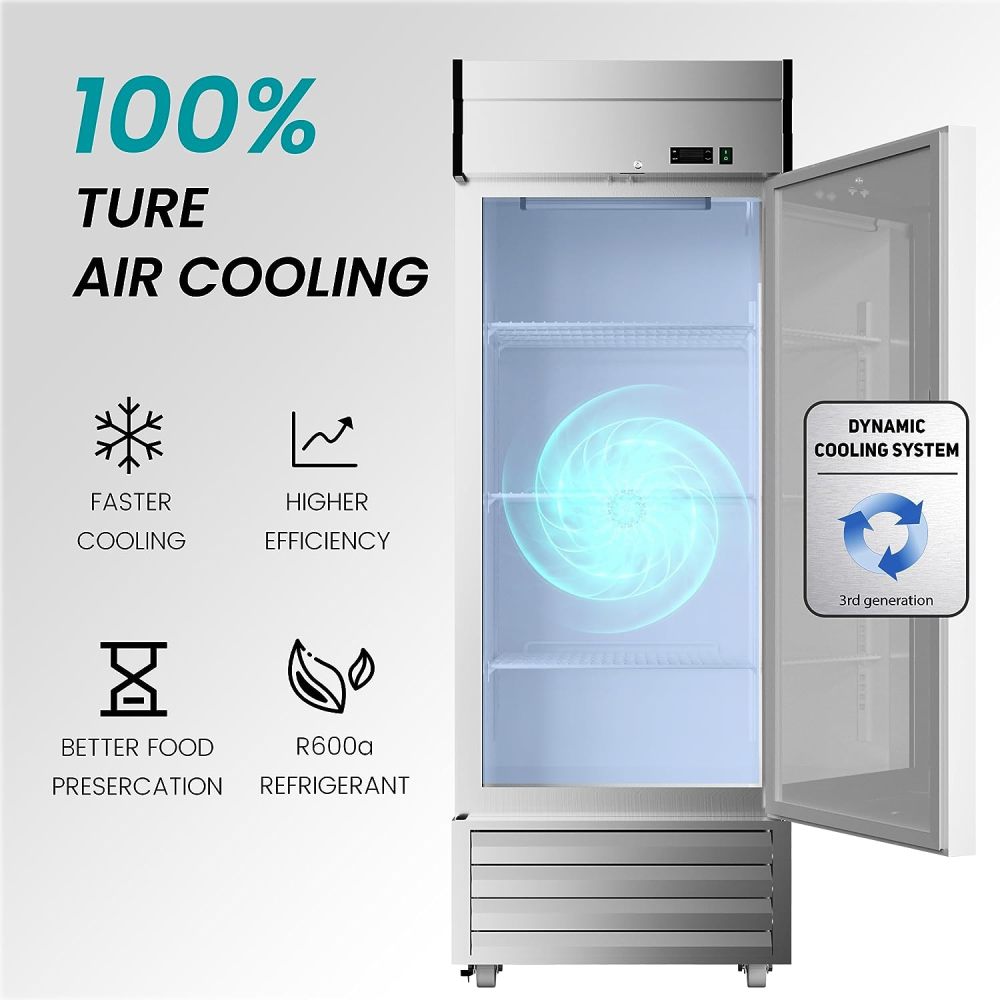 27" W Dynamic Cooling Commercial Refrigerator 23 Cu. Ft OmniSmart Temperature Control 33℉~41℉ Stainless Steel Reach-In Commercial Refrigerator Digital Thermostat LED Lighting 3 Shelves
