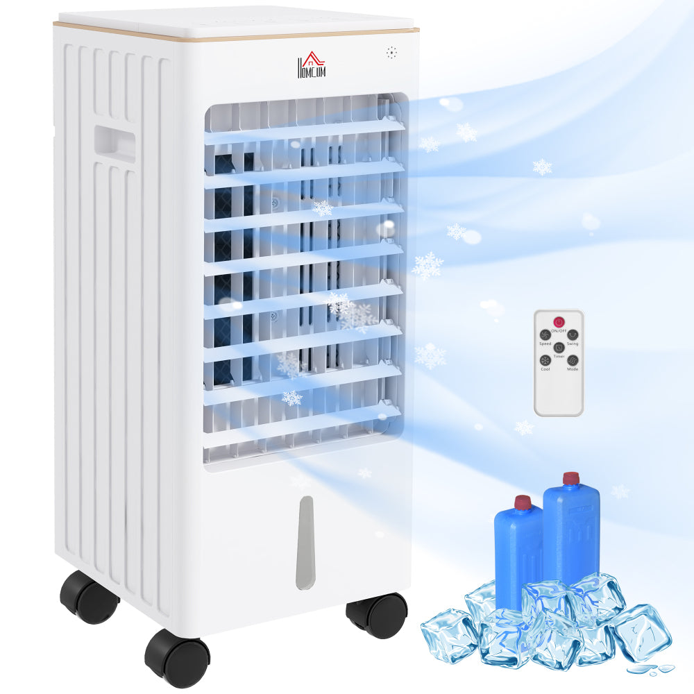 HOMCOM 21" Evaporative Air Cooler with Ice Packs, 3-In-1 Ice Cooling Fan, Portable Swamp Cooler with Water Tank, 7.5H Timer, 60° Oscillating, Remote, for Home Office Bedroom, White