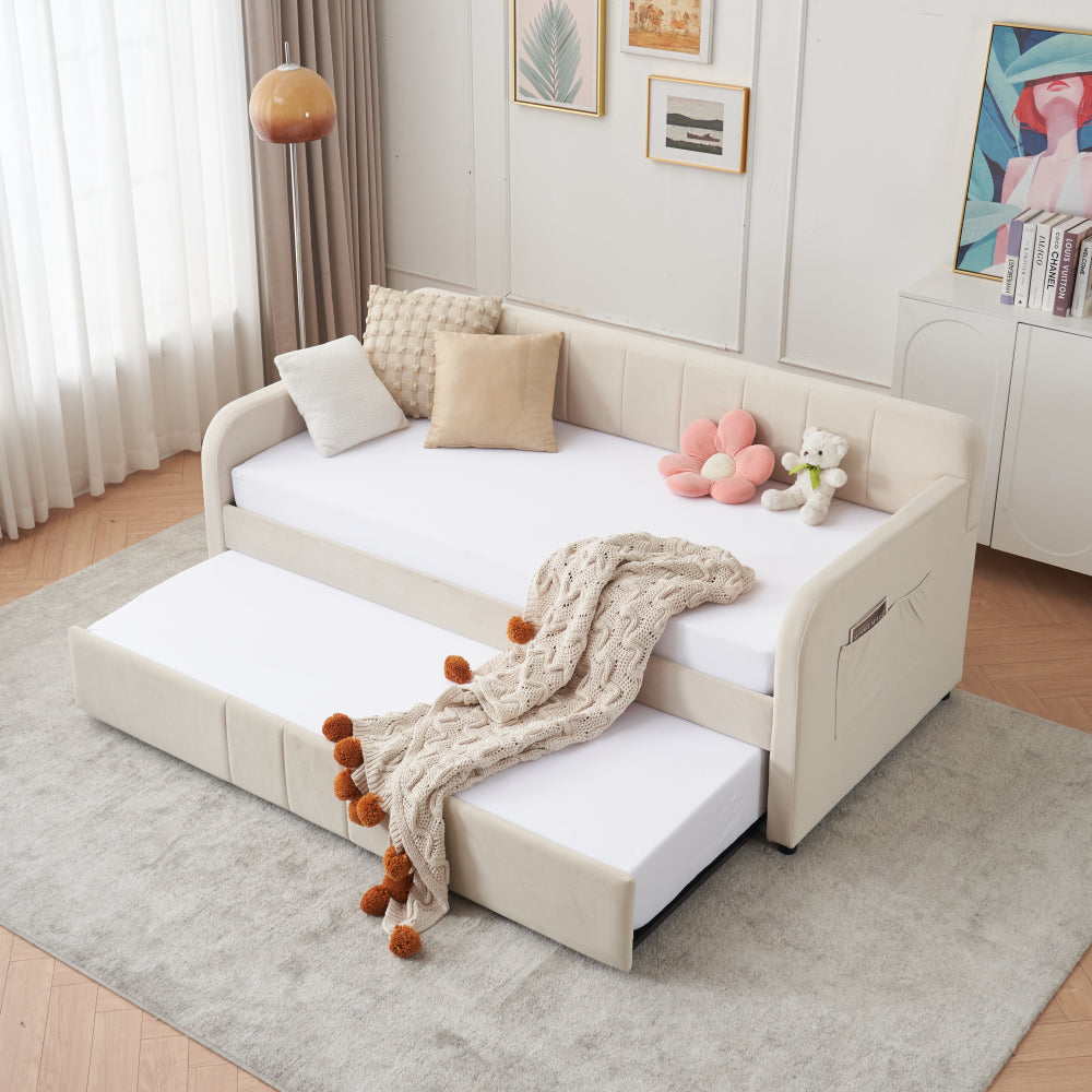Twin Upholstered Daybed Frame with Trundle, Twin Size Sofa Bed for Bedroom Living Room Guest Room, Wood Slat Support,Grey