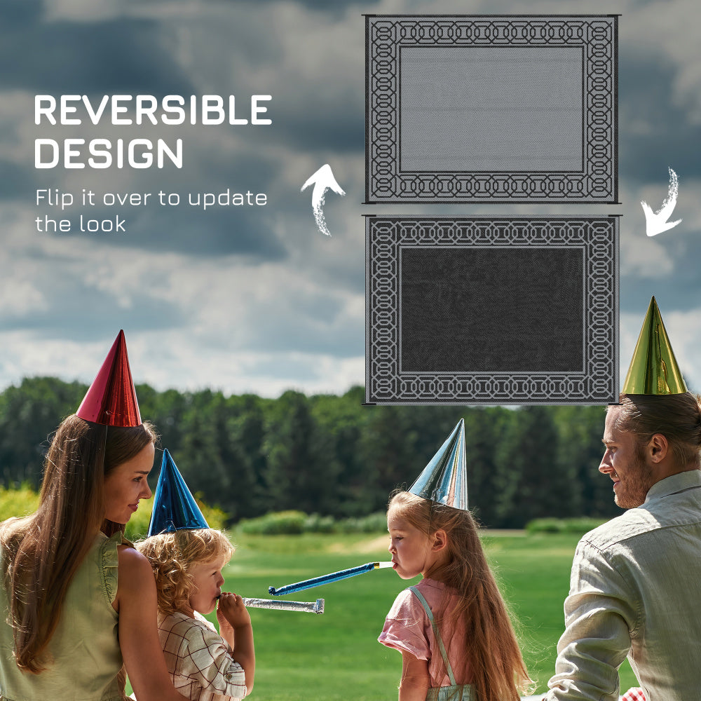 Outsunny Reversible Outdoor Rug, 9' x 12' Waterproof Plastic Straw Floor Mat, Portable RV Camping Carpet, Large Floor Mat for Backyard, Deck, Picnic, Beach, Black & Gray Border