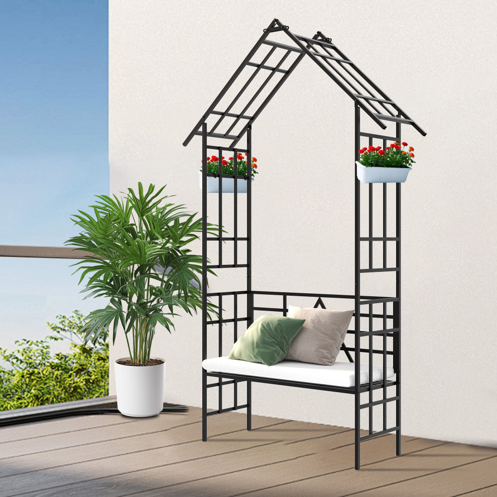 Metal Garden Arch with Gate with planter W80.71*H97.24 Climbing Plants Support Rose Arch Outdoor Black