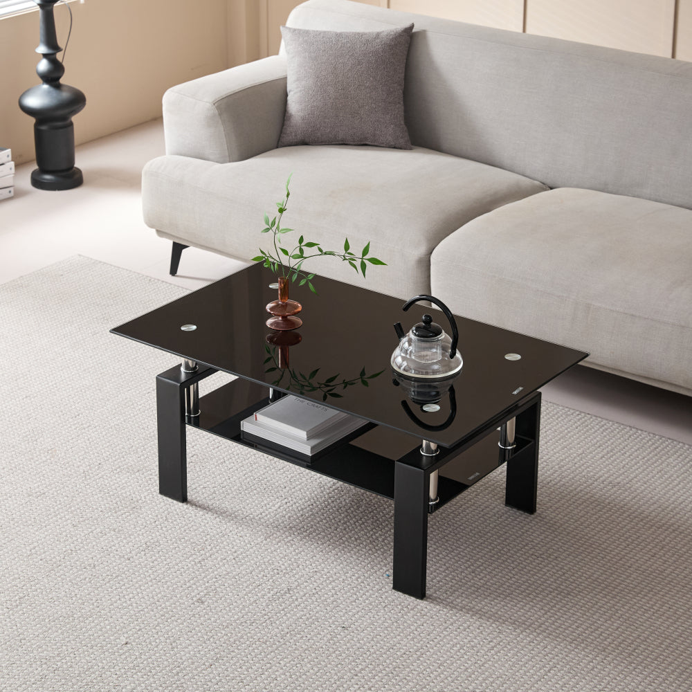 Tempered Black Glass Coffee Table, 2-Layers Tea Table