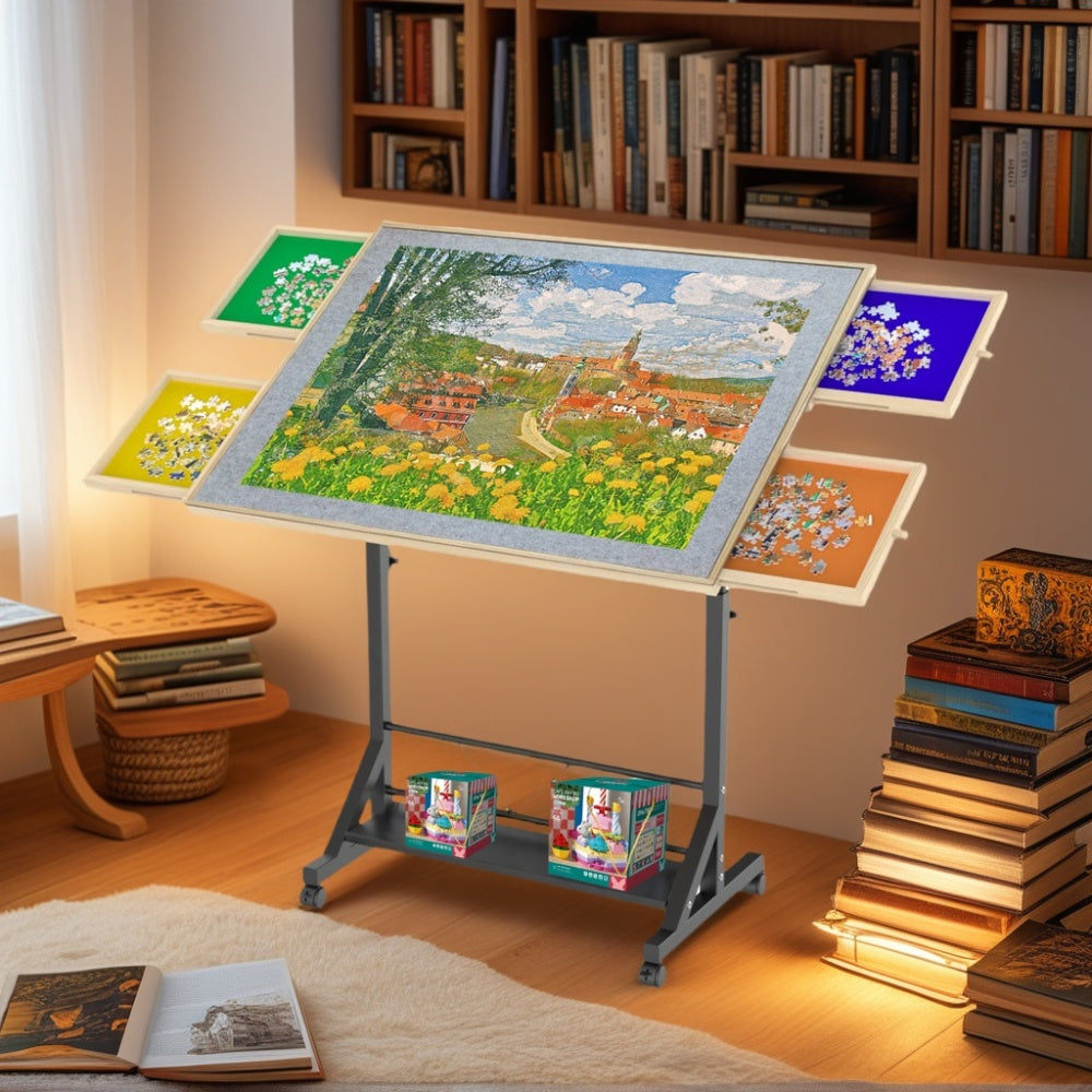 Wooden 1500 Piece Puzzle Table with Drawer, 35"*27.17" Adjustable Puzzle Table, 360° Tilting Puzzle Table with Legs and Wheels, Rolling Puzzle Table, Adjustable Height and Angle, with Protective Cover