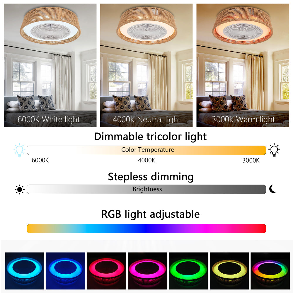 21" Modern Rustic Ceiling Fan Light with LED RGB Mood Lighting, Rope Woven Design, Quiet Fan, Semi Flush Mount for Bedroom, Living Room, or Dining Room ((Silent/6-Speed/Reversible/DC Motor))