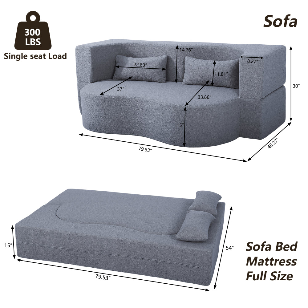2-in-1 Convertible Sofa Bed, Full Size Folding Loveseat Couch with Soft Teddy Fabric, No Assembly Needed, Floor Sofa Mattress with 2 Pillows, Space-Saving Futon for Small Living Room, Dorm, RV,Grey