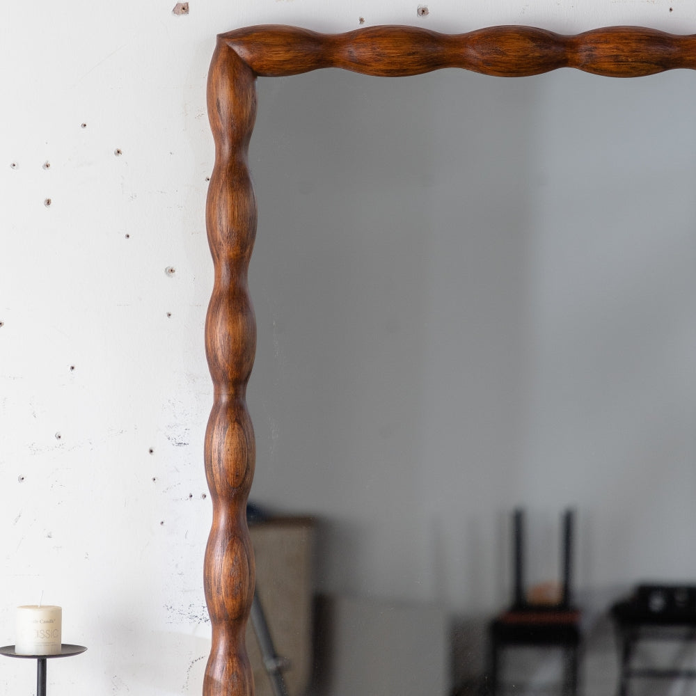 Mid-Century Modern Mirror with Solid Wood Frame,Wall-Mounted High-Definition Non-deformable Bedroom Mirror, Living Room Mirror,Brown