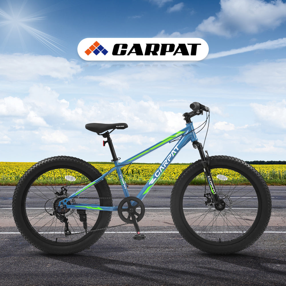 S24109 Elecony 24 Inch Fat Tire Bike Adult/Youth Full Shimano 7 Speeds Mountain Bike, Dual Disc Brake, High-Carbon Steel Frame, Front Suspension, Mountain Trail Bike, Urban Commuter City Bicycle