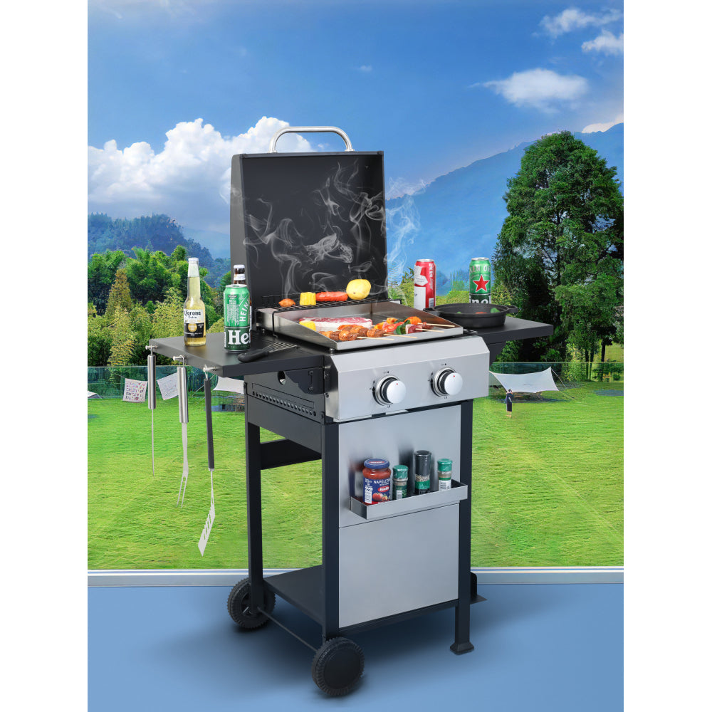 2-Burner Propane Gas BBQ Grill, SS Plancha, 24600BTU Output With Wire Enamel Cooking Grids For Outdoor Barbecue, Foldable Side Table, Hanging Basket, Stainless Steel
