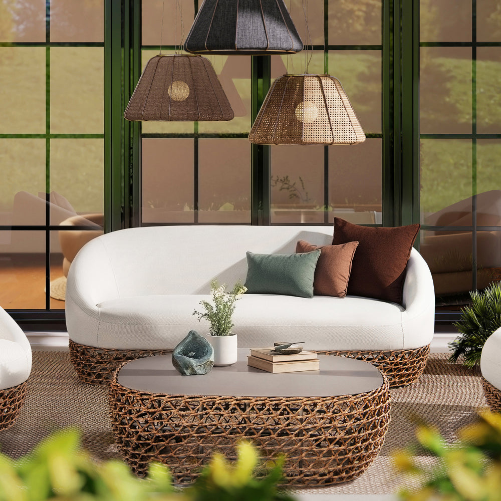 Willow 40.5" Oval Woven Patio Coffee Table, Golden Brown Wicker Frame, Wheat Beige