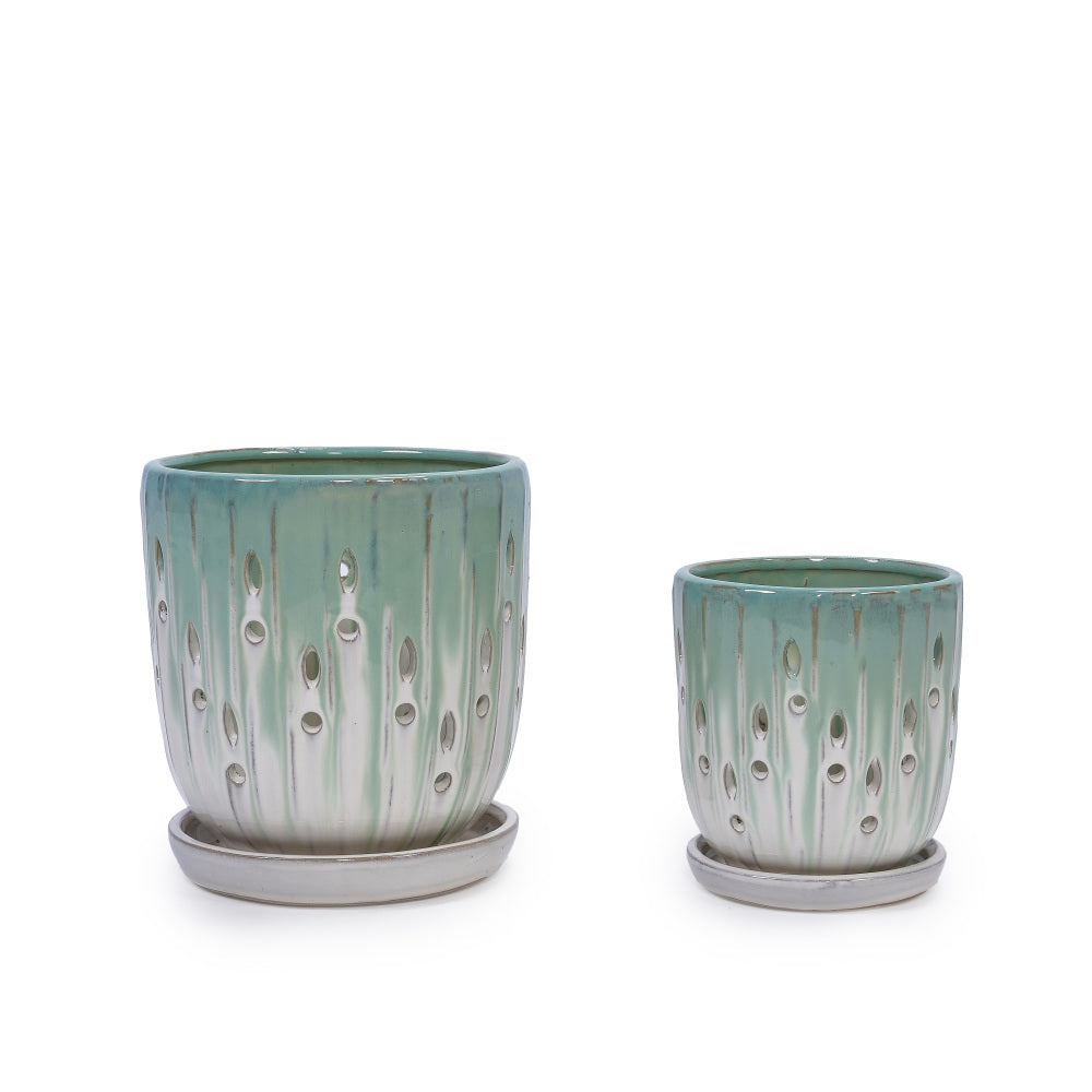 Set of 2 Ceramic Flowerpot with Drainage Hole, 8" Modern Planter for Patio, Garden, Windowsill - White Green