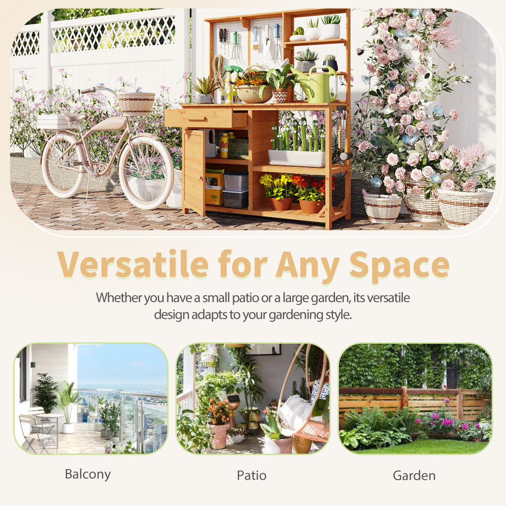 [Assembly Video] TOPMAX Fir Wood Potting Bench with Hutch, Garden Workstation for Planting, 4 Shelves & Adjustable Storage, Pegboard with Hooks, 50.2''Countertop, Drawer & Cabinet, Natural