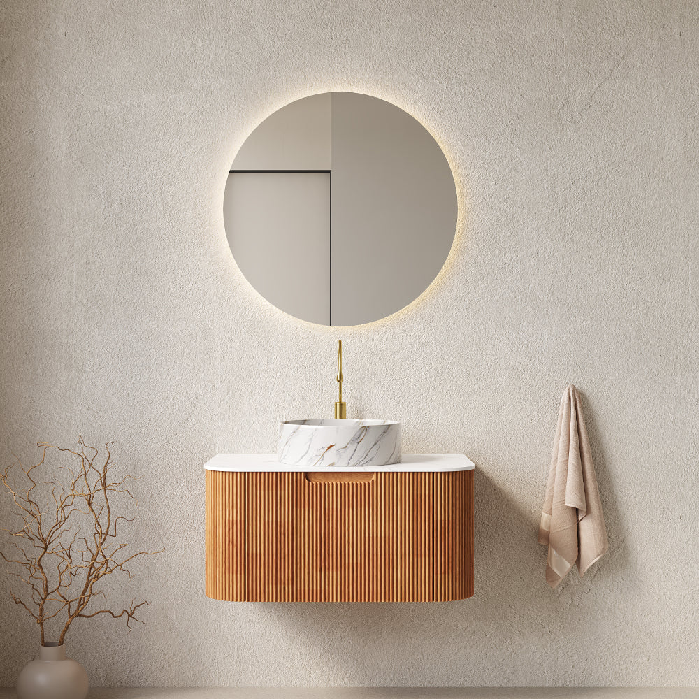 DINA 24" Bathroom Vanity with Sink, Wall-Mounted Floating Curved Edges Striped Bathroom Storage Cabinet with a Drawer, White Round Ceramic Basin without Faucet, Pre-assembled, Natural Woodgrain Color