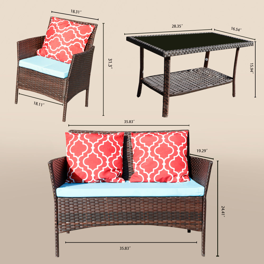 Four-Piece Sofa Set Table With Sofa Chair PE Rattan Outdoor Furniture HY4-001 Box *1 With Emerald Green Color Cushion