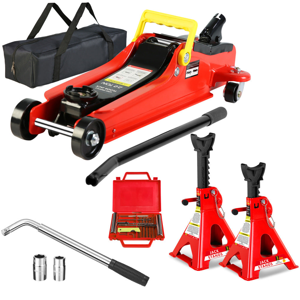 Floor Jack, 2 Ton Low Profile Floor Jack, 3t jack stand Tire Repair Kit L-Wrench Heavy Duty Steel Racing Floor Jack with Single Piston Quick Lift Pump, Floor Jack Lifting Range 3.3"-15.2"