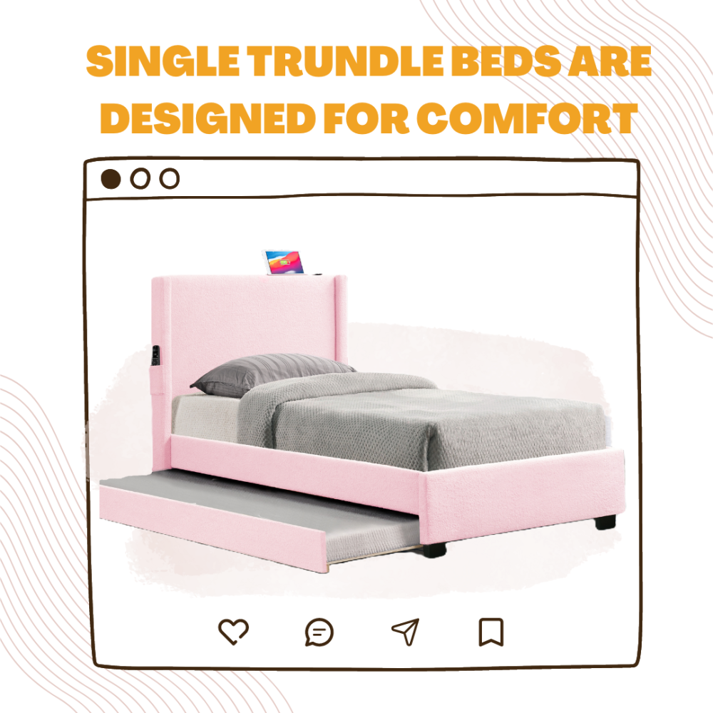PINK TWIN SIZE UPHOLSTERED BED FRAME WITH TRUNDLE BED, TEDDY FABRIC, USB FUNCTIONALITY, AND A POCKET DESIGN ON THE SIDE OF THE HEADBOARD FOR STORING SMALL ITEMS. PINK IS A GIRL'S FIRST CHOICE!