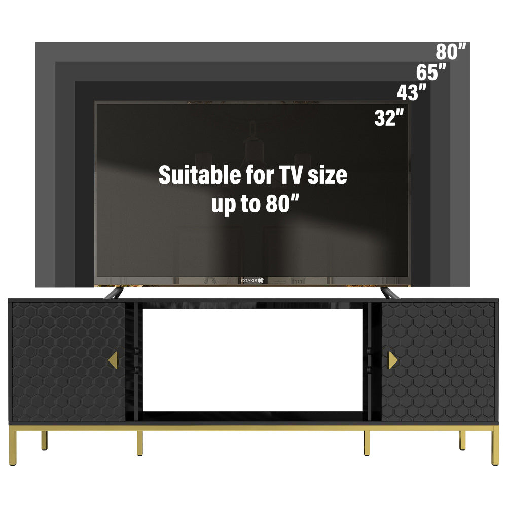 70 Inch TV Stand, Heavy Duty Wood Media Entertainment Center Console with Cabinet Storage & Open Shelves for Living Room, Modern Design (Black)