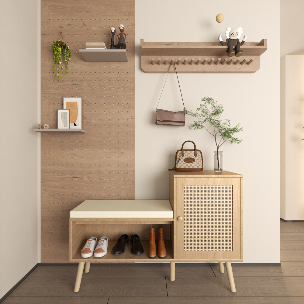 2-in-1 Shoe Storage Bench, Natural Rattan Shoe Cabinet with 2 Adjustable Shelves and Removable Seat Cushion, Modern Entryway Bench, Shoe Storage Organizer, Shoe Rack for Hallway, Bedroom
