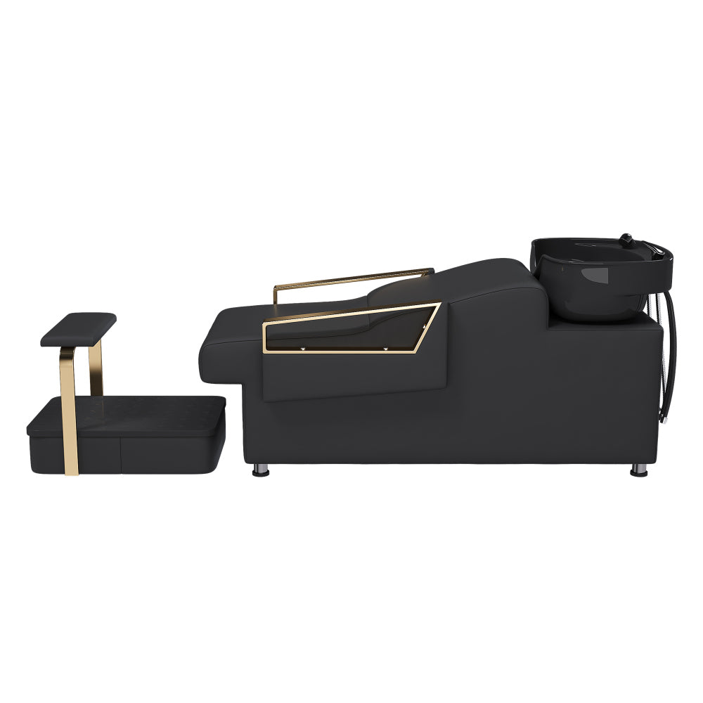 Shampoo Bowl and Chair Set for Salon, Hair Washing Station for Hair Stylist, ABS Shampoo Bowl Sink Chair with Independent Footrest for Spa Beauty Barbershop(Black+Gold)