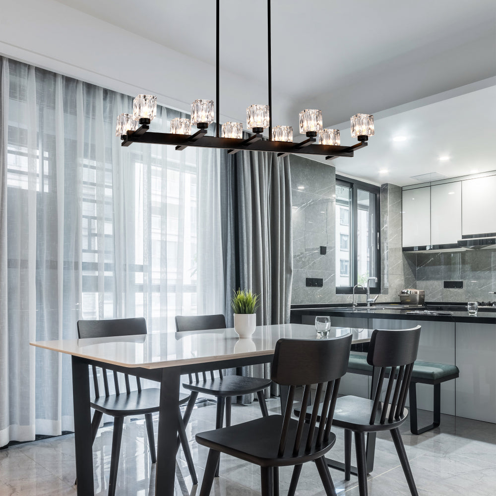 Chandelier for Dining Room, 10-Light Black Farmhouse Linear Pendant Light Fixture, Modern Crystal Hanging Lighting Chandelier for Kitchen Island, Bar, Long Table, G9 Bulb(10*G9*MAX 40W)