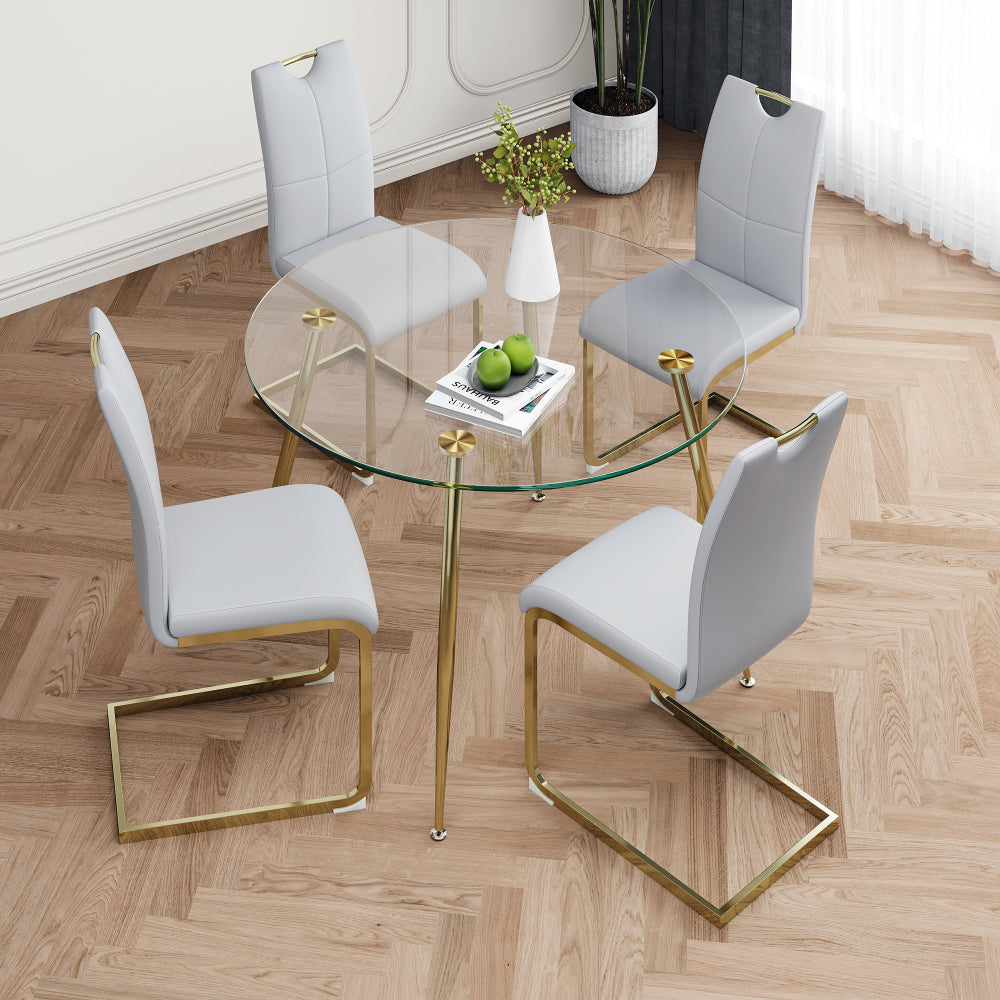 Modern simple round glass dining table, wear-resistant tempered glass countertop, gold-plated legs, grey PU dining chair set, suitable for restaurant kitchen use (set of 5)