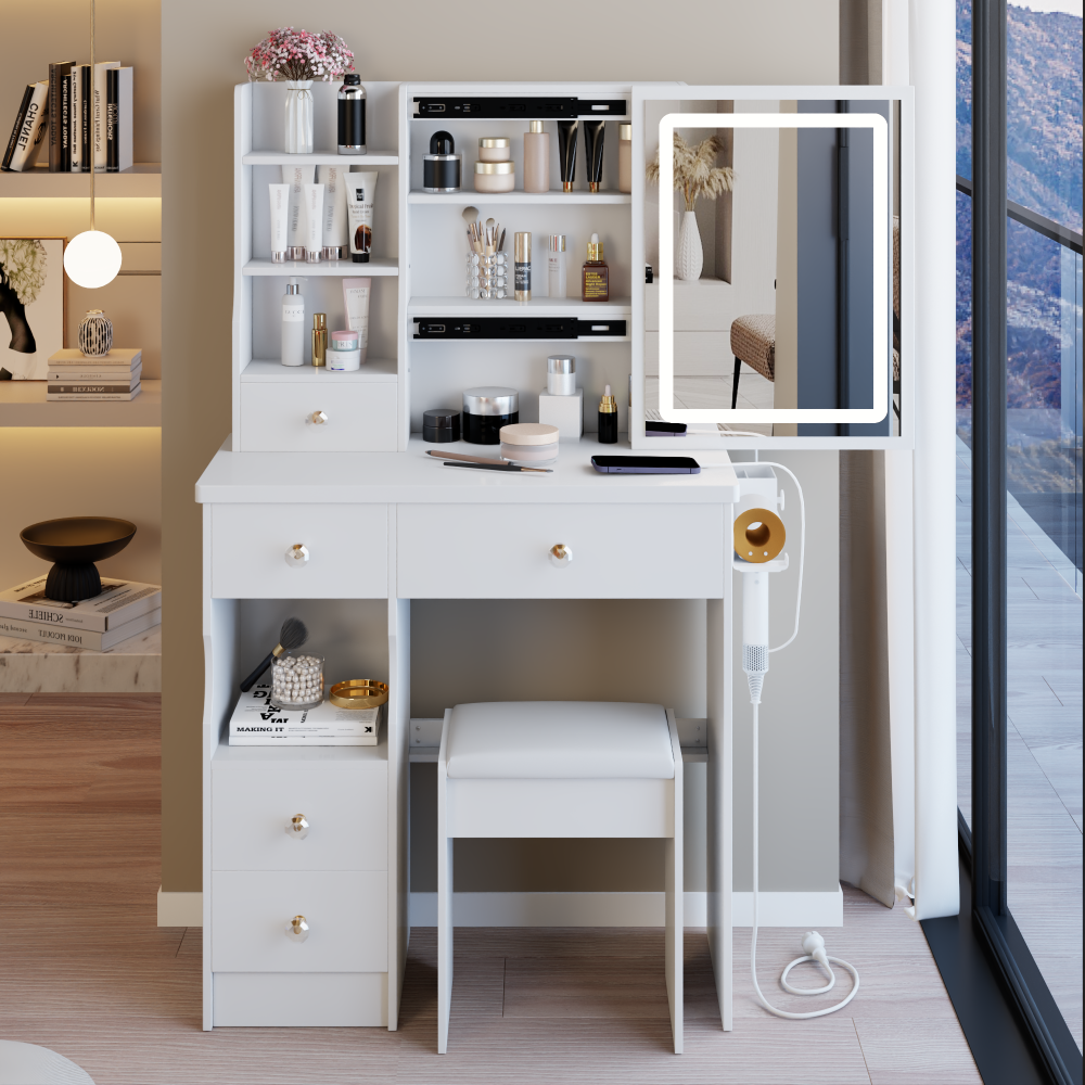 29.2" Small Size Left Drawer Desktop Vanity Table + Cushioned Stool, 2 AC+2 USB Power Station, Hair dryer bracket, Extra Large Touch Control Sliding LED Mirror, Tri-color Switching, Brightness Adjust
