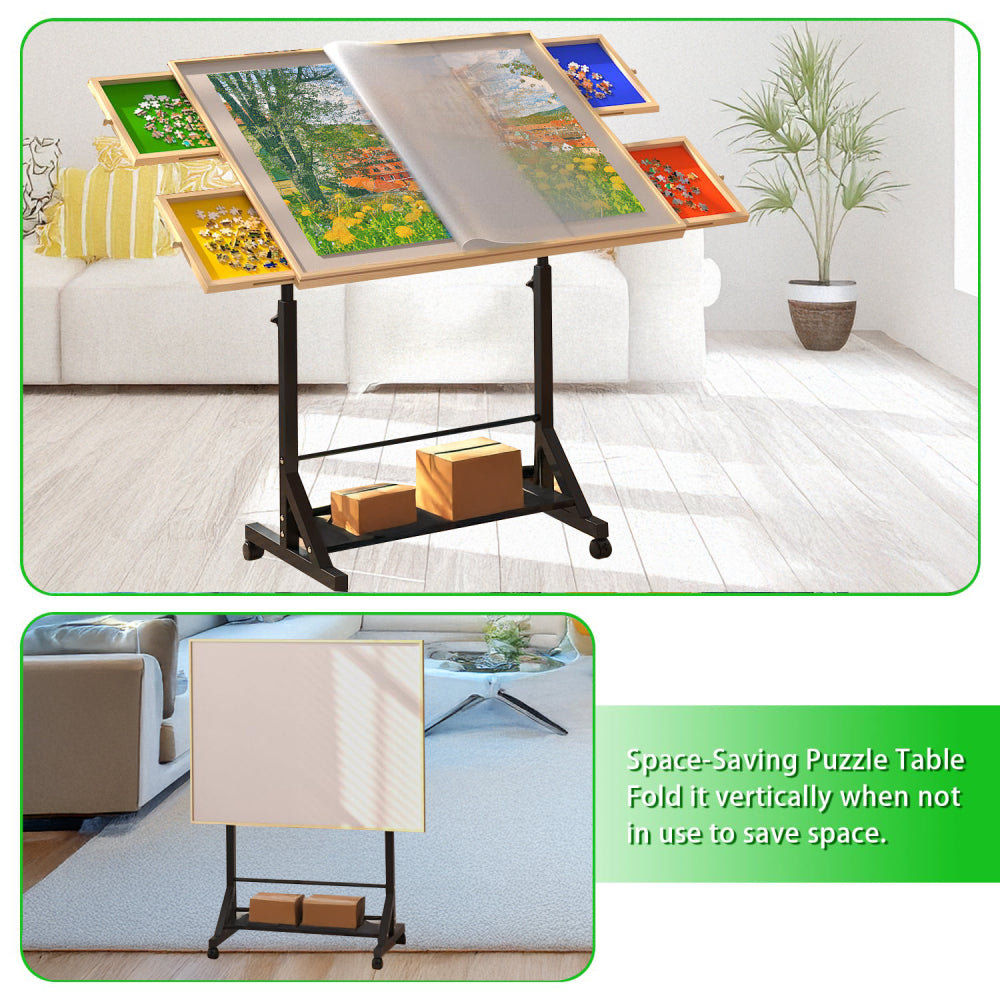 Wooden 1500 Piece Puzzle Table with Drawer, 35"*27.17" Adjustable Puzzle Table, 360° Tilting Puzzle Table with Legs and Wheels, Rolling Puzzle Table, Adjustable Height and Angle, with Protective Cover