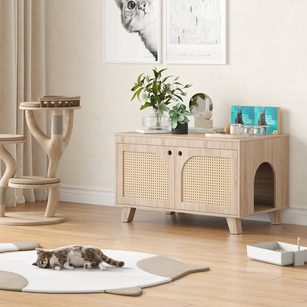 Flip Top Hidden Cat Litter Box Enclosure Furniture Cabinet with Rattan Decorated Doors for Your Home, Two Entrances