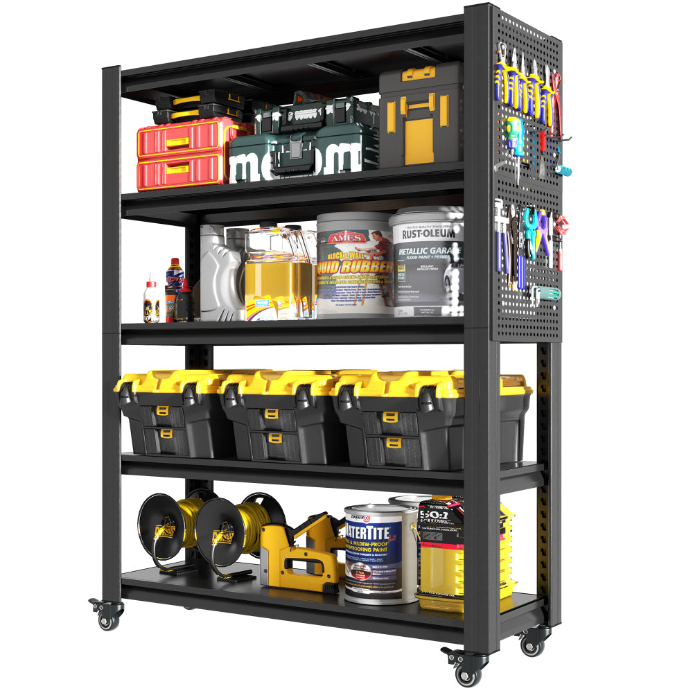 78"H 5 Tier Adjustable Shelving with Pegboard and Wheel, Heavy Duty Storage Shelves, Metal Shelving Unit Multipurpose Shelf  for Warehouses, Garages, Offices, Bedrooms, Kitchens, 18"D*47.2"W*78"H