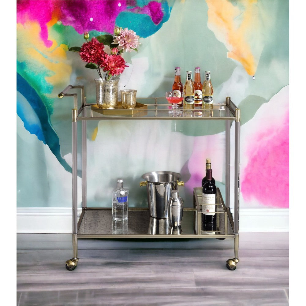 Cirro Antique Mirror & Wire Brass Finish Serving Cart
