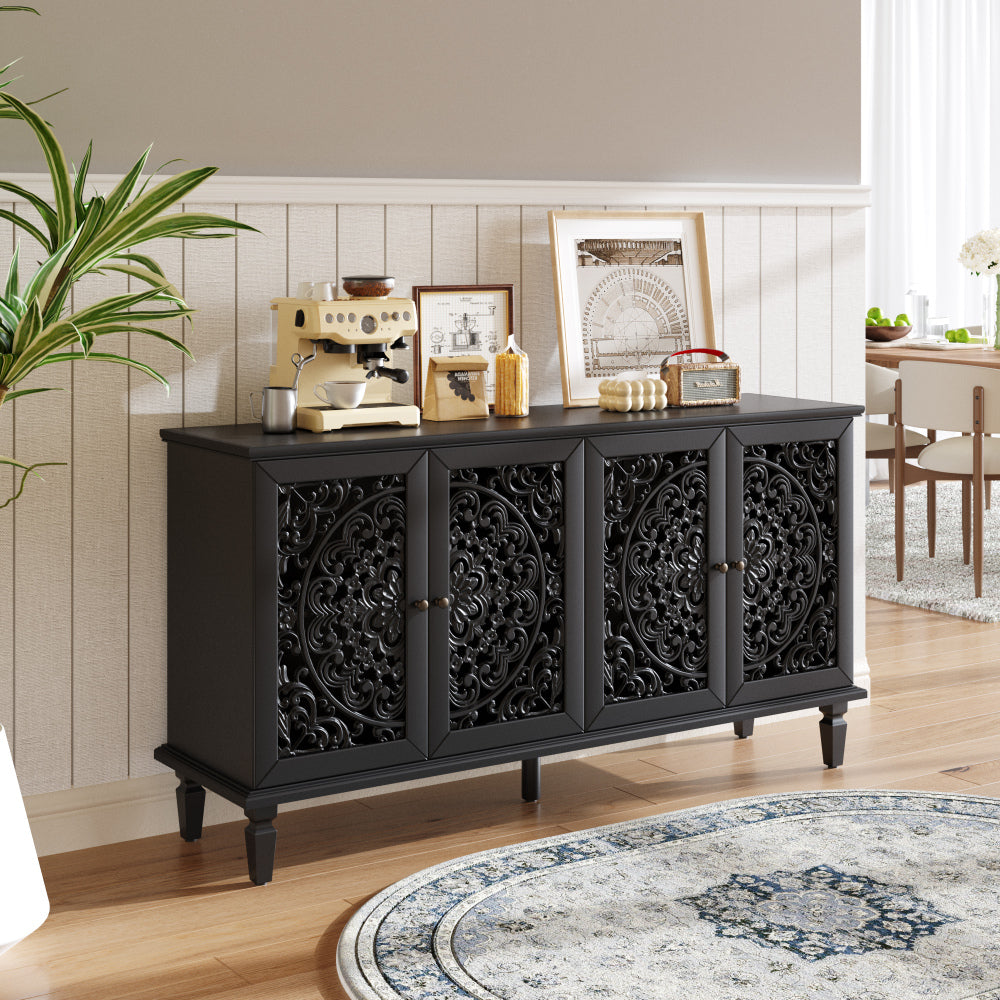 Carved Flower Door Large Storage Cabinet With Metal Handle Suitable For Living Room, Kitchen, Entryway(NATURAL WOOD)