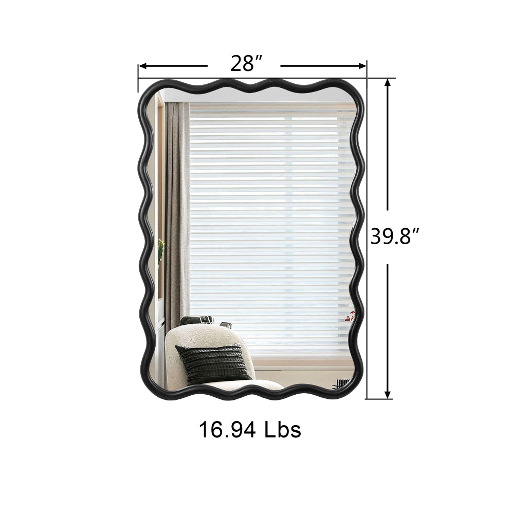 Solid Wood Wavy Rectangle Mirror-Black 40" x 28" Modern Mirror Wall Decor for Bathroom, Bedroom, Living Room, Dining Room, Cloakroom, Entryway