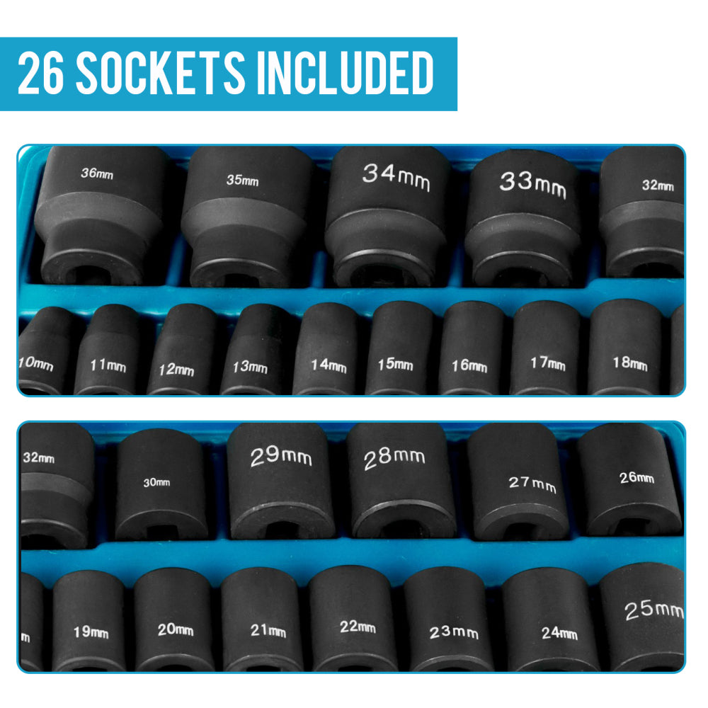 Impact Socket Set 1/2 Inches 26 Piece Impact Sockets, Shallow Socket, 6-Point Sockets, Rugged Construction, CR-V, 1/2 Inches Drive Socket Set Impact Metric 10mm - 36mm, with a Storage Cage