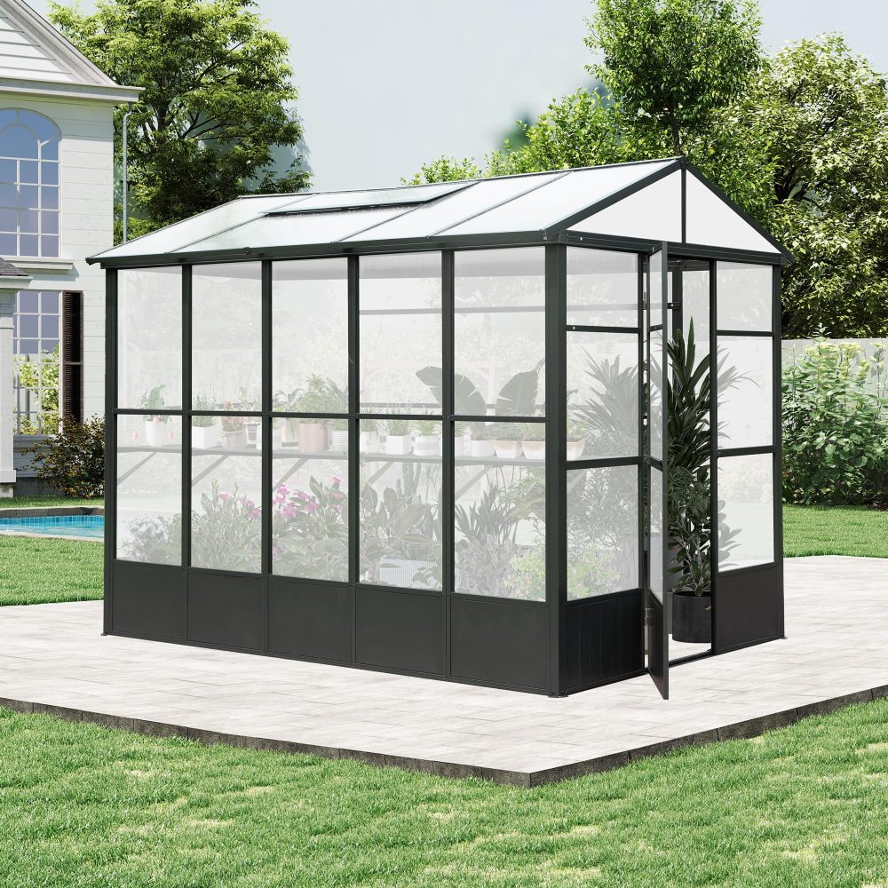7.5x10FT Greenhouse, Polycarbonate Green House with Fully Auto Temperature Control Vent, Outdoor Full Aluminum Heavy Duty Greenhouse with Extra 8FT Walk-in Height for Garden Backyard, Dark Grey