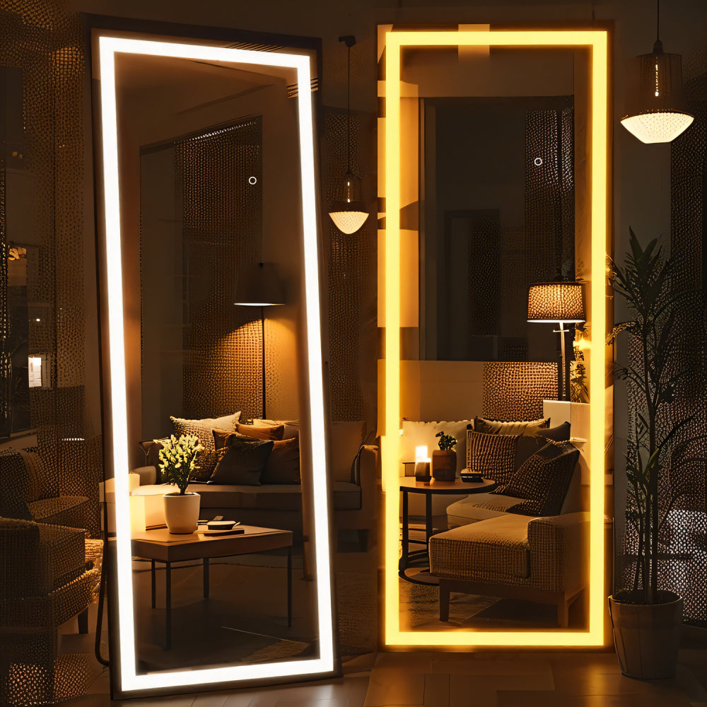 60x16 Inch Full Length Mirror with Lights, Full Body Dressing Standing, Hanging Mounted Mirror for Living Room Bedroom Cloakroom, Square Black