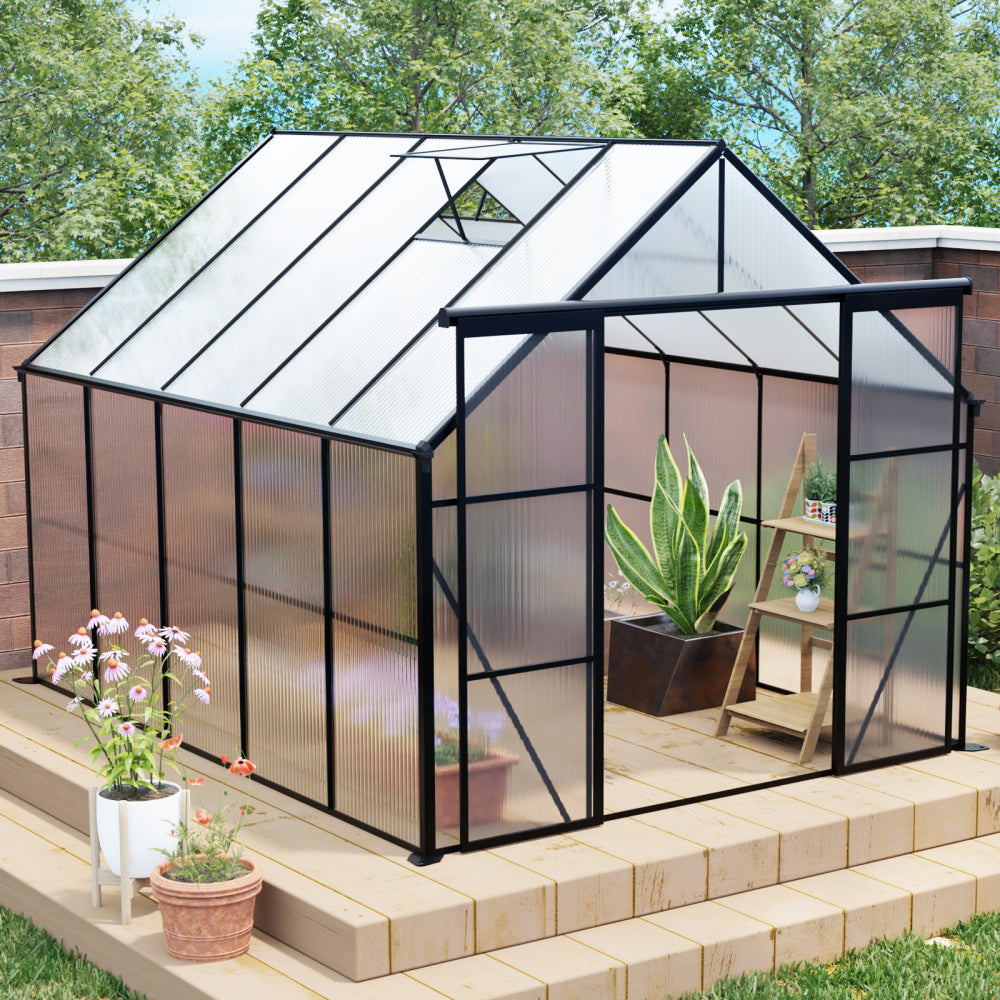 8x10FT Double Door Polycarbonate Greenhouse Raised Base and Anchor Aluminum Heavy Duty Walk-in Greenhouses for Outdoor Backyard in All Season,Green
