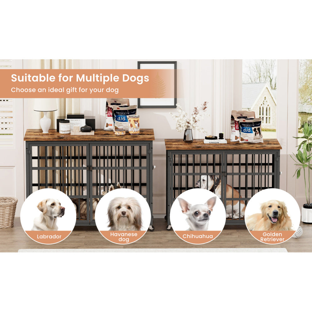 Furniture style dog crate wrought iron frame door with side openings, Rustic Brown, 43.3''W x 29.9''D x 33.5''H.