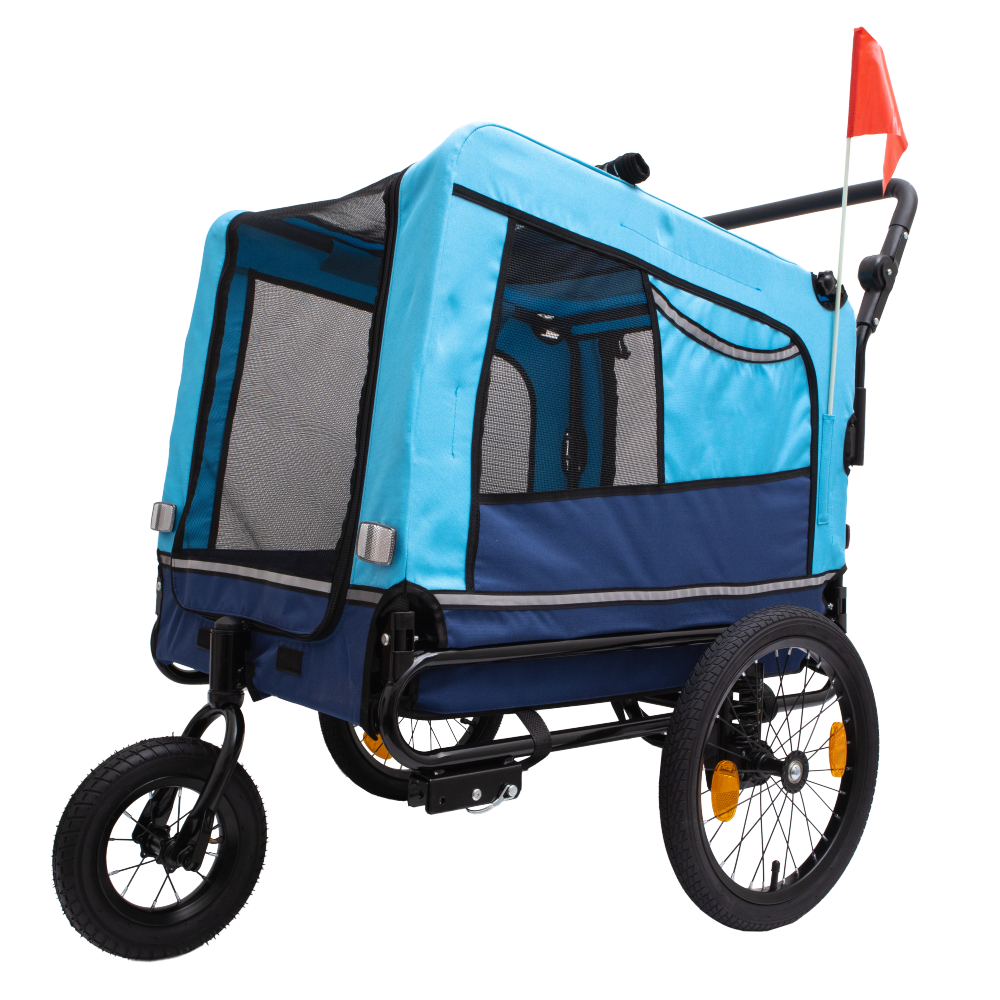 2-in-1 Bike Trailer & Push Cart for Pets - Detachable Bike Hitch & Push Handle Included - All-Terrain Wheels, Quick Release Wheel, Non-Slip Floor, Internal Leash, Holds Pets Up to 88 lbs, Blue