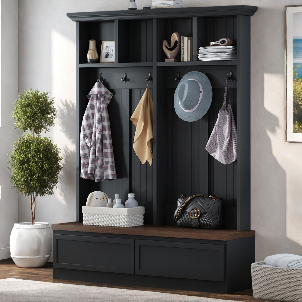 [Assembly Video] Farmhouse 4-in-1 Hall Tree with Wood Grain Bench, Mudroom Versatile Coat Rack with 2 Large Drawer, Entrance Organizer for Hallway, Living Room, Black, 55.9"W (Same as N721P205660)