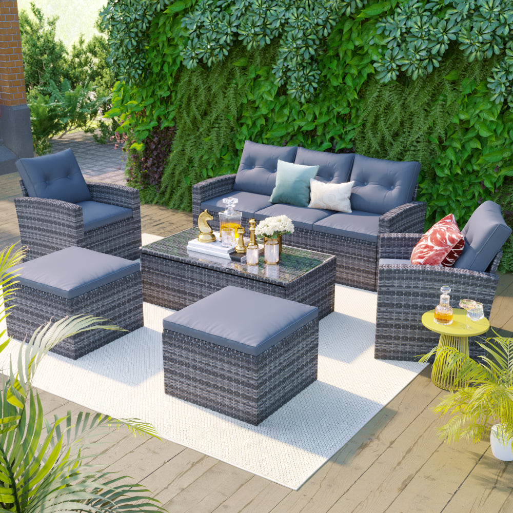 [OLD SKU FG201201AAA] 6-piece All-Weather Wicker PE rattan Patio Outdoor Dining Conversation Sectional Set with coffee table, wicker sofas, ottomans, removable cushions (Black wicker, Beige cushion)