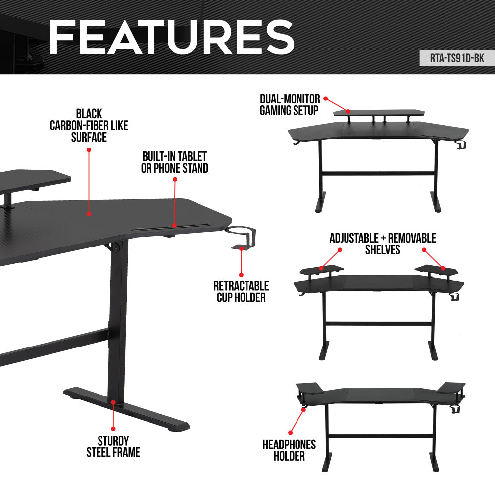 Techni Sport TS911D Gaming Desk with Shelves & Accessory Holder, Black