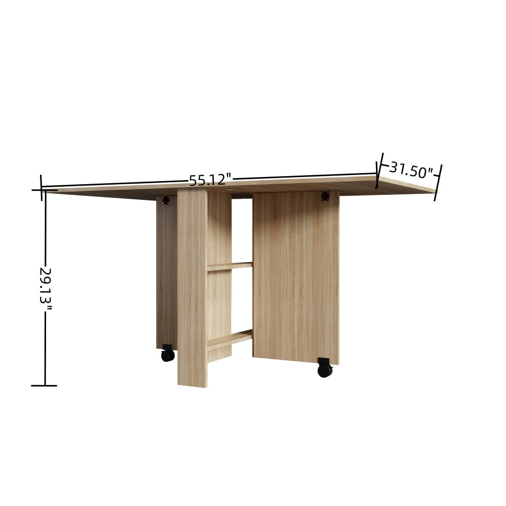 DFW Folding Dining Table, Versatile Dinner Table with 2 Wheels and 2 Storage Racks, Space Saving Dining Room Table, Folding Kitchen Table, Pear Wood Color