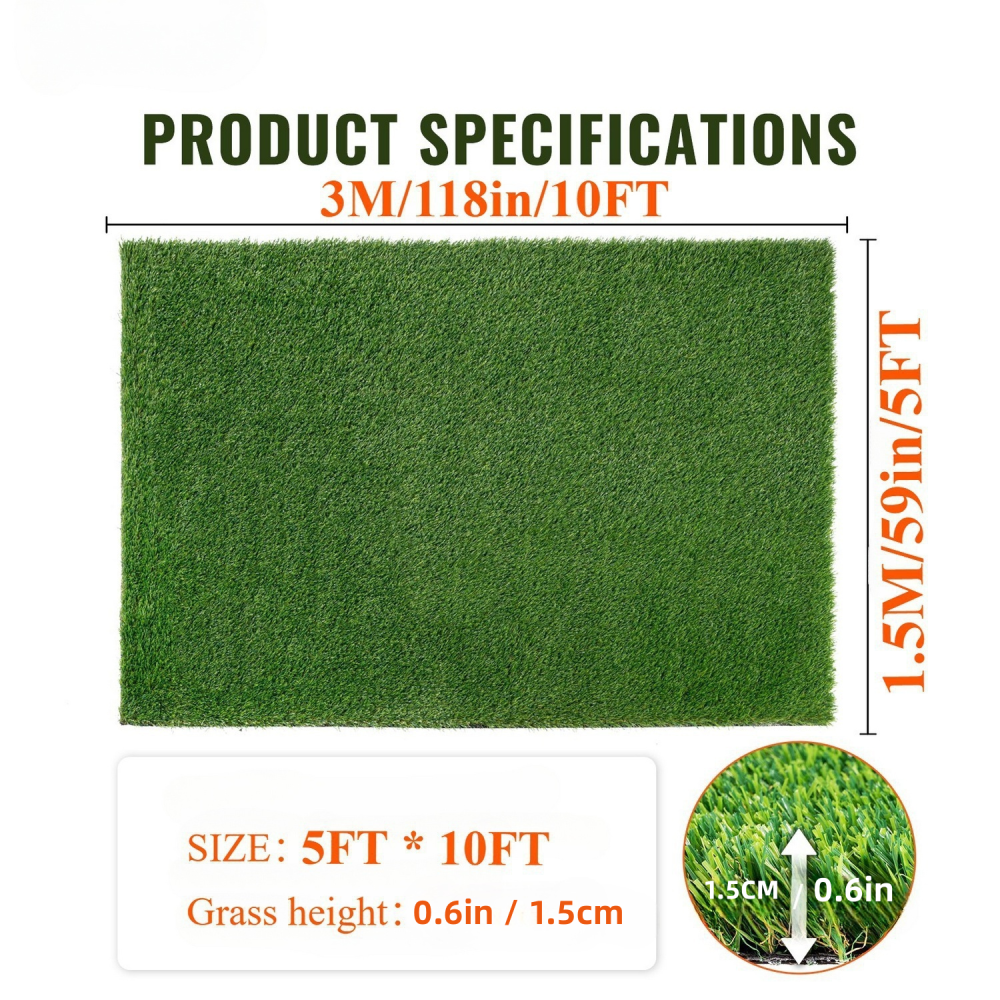 5ft x 10ft Premium Artificial Turf Mat with Drainage Holes. Thick Fake Grass with Rubber Backing, Ideal for Indoor/Outdoor Pet Areas, Garden, Lawn, Patio & Balcony Decor(Grass height 0.6 inches/1.5cm)