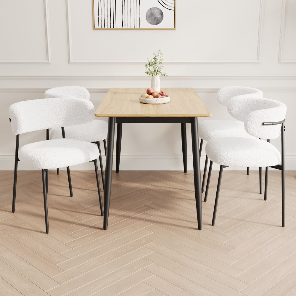 Modern minimalist wood grain tabletop dining table and chair 4-piece set, stylish dining table, kitchen dining table, sturdy and durable, easy to assemble, black metal leg design, suitable for 4-6 peo