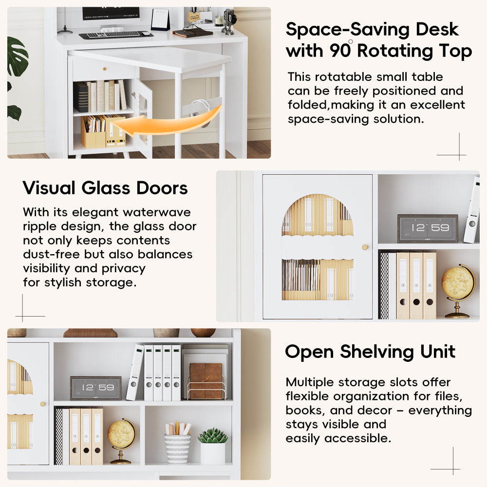 Computer Desk with 90 Degree Rotating Desktop, 43x70 Inch Office Desk with Storage Drawer and Cabinets, Gaming Desk with Shelves, Writing Desk for Study, Work Desk for Home Office Bedroom Living Room