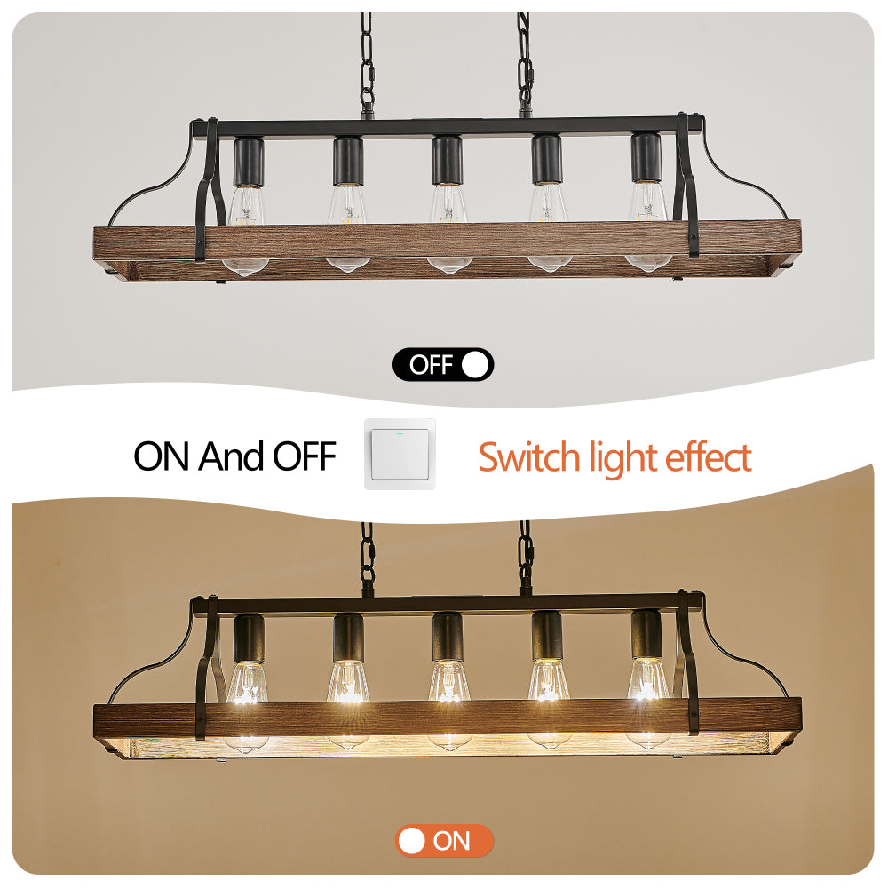 34-Inch Black and Walnut Wood Grain Pendant Light, 5 E26 Bulb Sockets, Adjustable Chain Height – Modern Farmhouse Chandelier for Dining Room, Kitchen, or Living Room (Bulb Not Included)