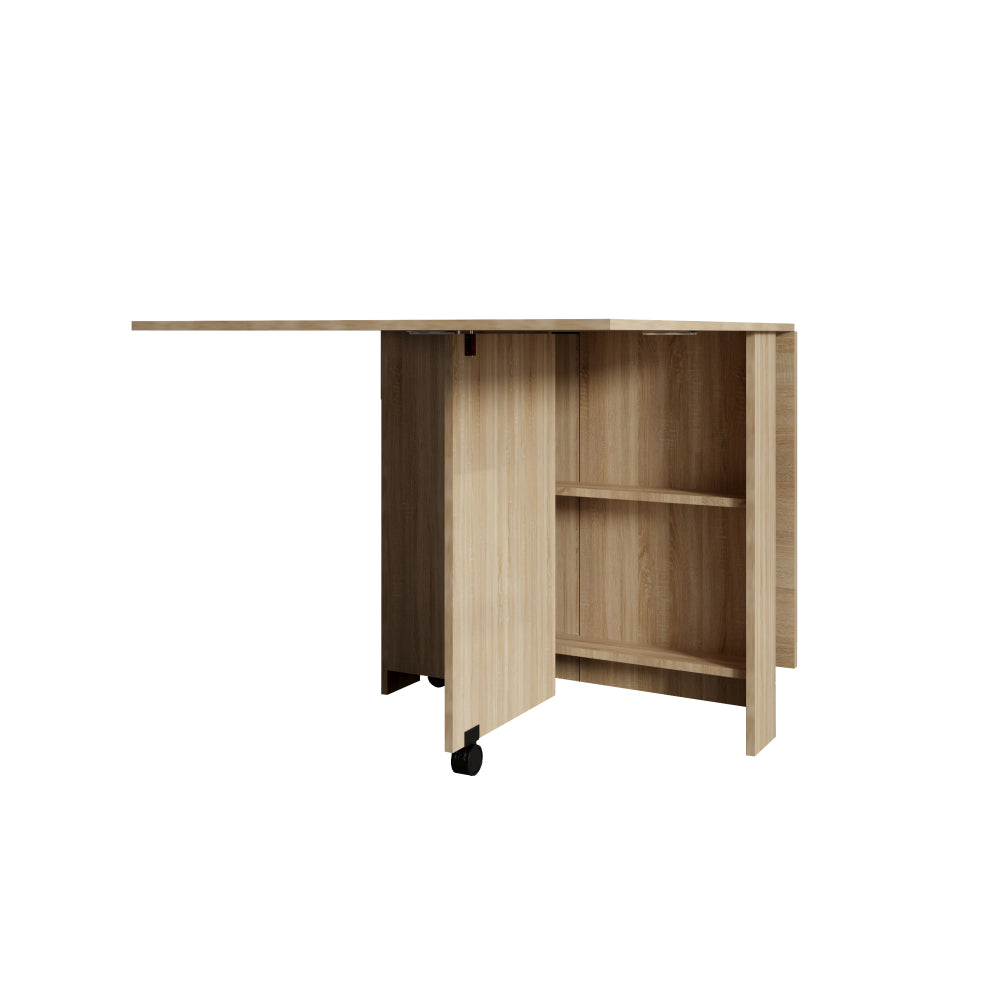 DFW Folding Dining Table, Versatile Dinner Table with 2 Wheels and 2 Storage Racks, Space Saving Dining Room Table, Folding Kitchen Table, Pear Wood Color