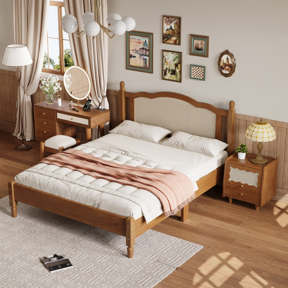 3 Pieces Bedroom Set with Queen Size Wooden Bed Frame, 1 Vintage  Nightstand and 1 Makeup Vanity Set with Stool,Black